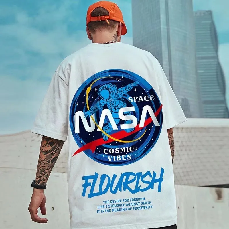 8XL Men Oversized Fashion American Vintage Astronaut NASA pattern Print Short Sleeve Round Neck Versatile Trend Couple outfit