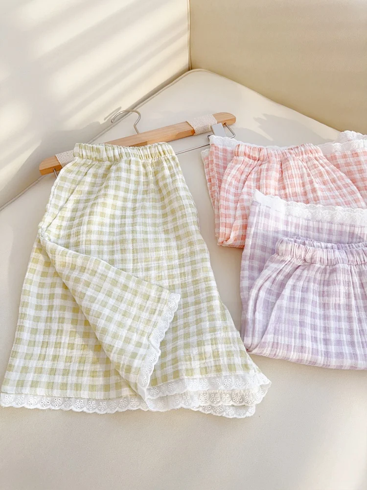 

Двухслойные домашние брюки из чистого хлопка для женщин, весенне-летняя одежда, с цветочным кружевом, удобные, дышащие, шорты