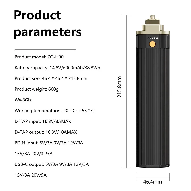 ZGCINE H90 Power Supply Handle D-TAP/PD Input D-TAP/USB-C Output 14.8V 6000mAh 88.8Wh For Photography Light