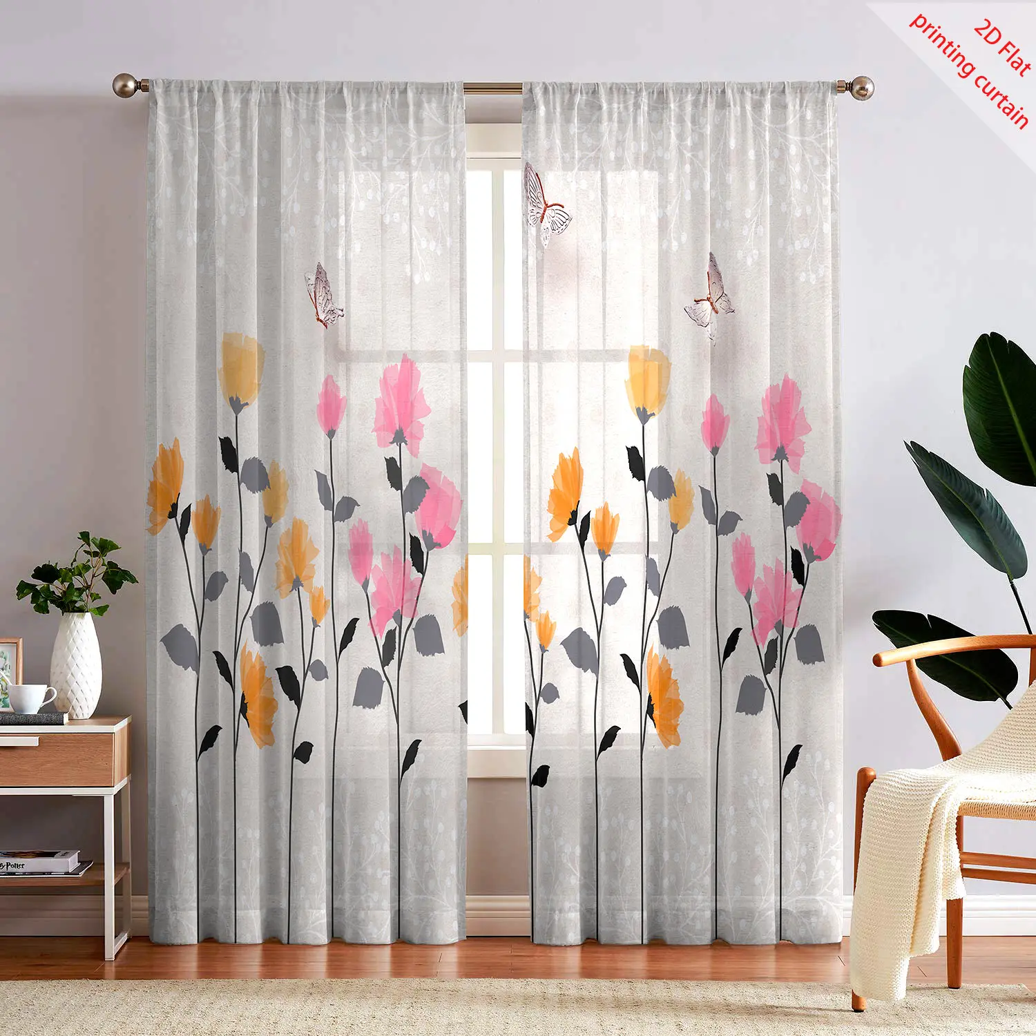 Tree and plant printed transparent gauze curtain, romantic home decoration, suitable for living rooms, bedrooms, balcony windows
