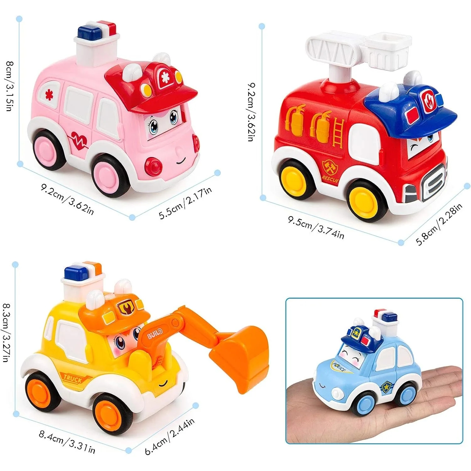 Baby Animal Car Toys Toddler Press and Go Vehicle Baby Toy Police Car Construction Truck Fire Truck Ambulance for Kids Boys Girl