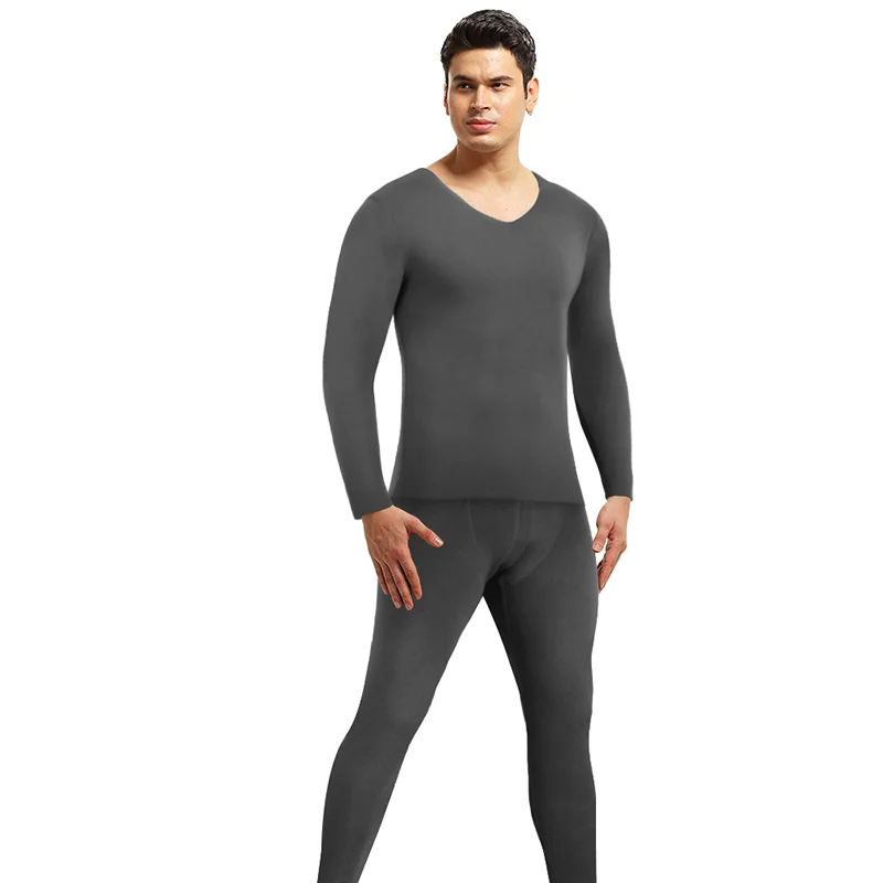 Mens V-neck Set of 2 Thermal Underwear Suit Long Johns Fleece Lined Keep Warm Undershirts Cold Weather Clinging Bottoming Shirts