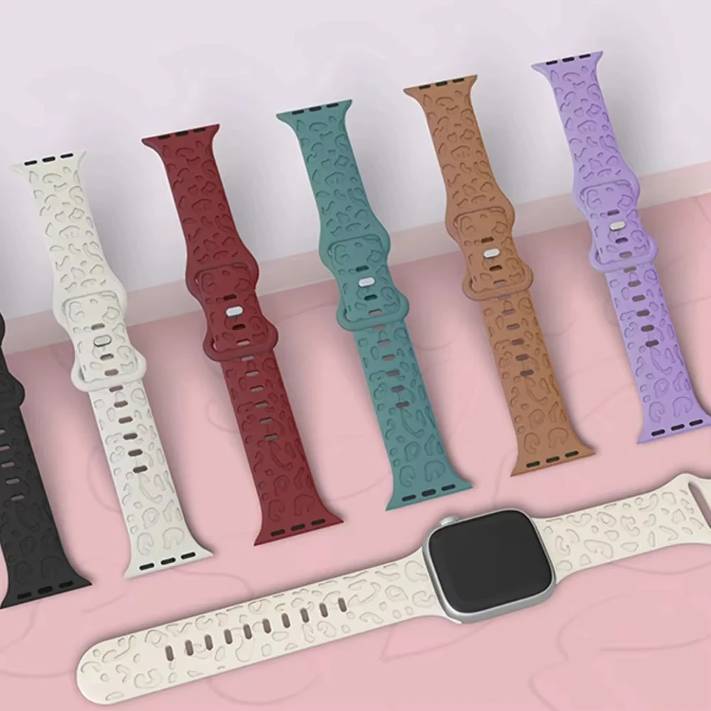 Engraved Strap For Apple Watch Band 46-44mm 40mm 45mm 49-41-42mm Leopard silicone bracelet iwatch series 10 9 7 6 5 4 8 ultra 2