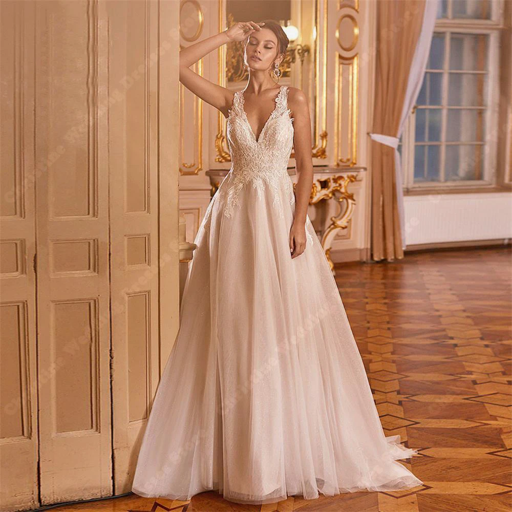 

Elegant A-Line Women Wedding Dresses Newly Launched V Neck Sleeveless Lace Appliques Princess Mopping Length Vestidos De Novias