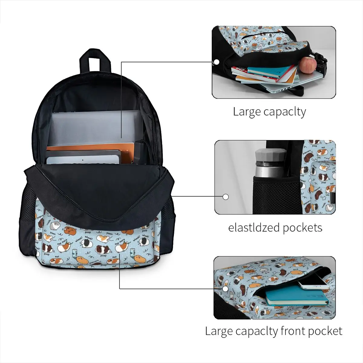 Mochila con diseño de conejillo de indias para niños y niñas, morral escolar de dibujos animados para ordenador portátil, bolso de hombro