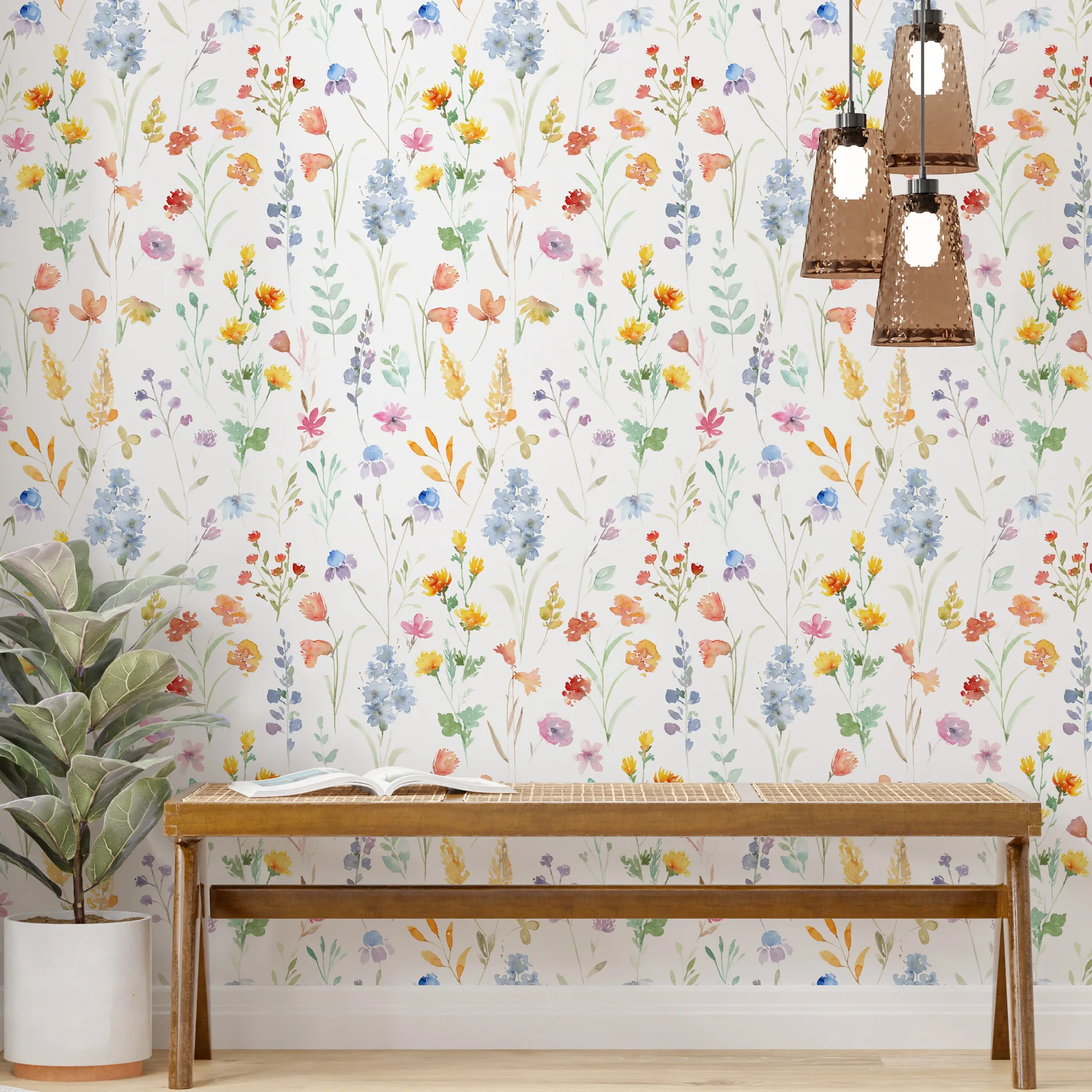 Watercolor Fresh Leaves with Multicolor Little Flowers Wallpaper Peel and Stick Wallpapers Self-Adhesive Prepasted Wall Paper