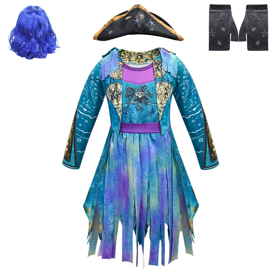 Kids Movie D-Descendants 3 Mal Evil Pirates Uma Cosplay Costume for Girls Cosplay Dress Hat Wig Fancy Dress Up Halloween Costume