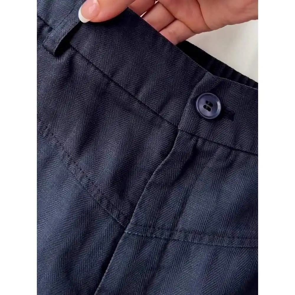 ハイウエストルーズフィットカジュアルパンツ秋ブルーコットンリネンストレートレッグプロフェッショナルスーツパンツ梨型体型女性向け