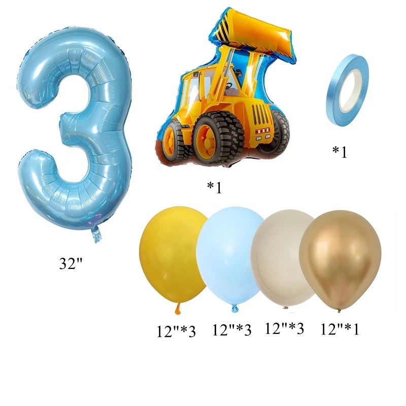 13 teile/satz Bau Traktor Fahrzeug Ballon mit blauen Nummer Ballon für Jungen Bau alles Gute zum Geburtstag Party Dekoration – Detail 3