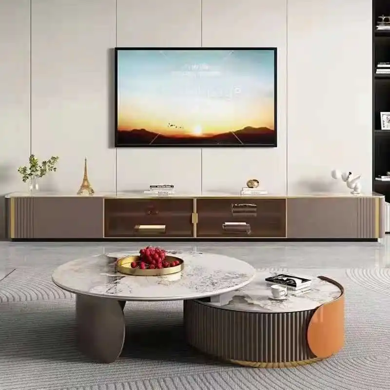

A few rock slabs, round coffee table, TV cabinet combination, light luxury, modern simple living room, household small apartment