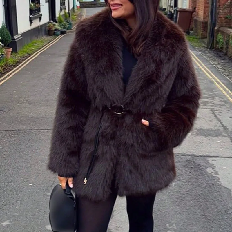 EAEOVNI خمر الشتاء الفراء سترة معطف المرأة موضة التلبيب حزام تجمع الخصر الملابس الدافئة الخريف الشتاء ملابس خارجية جديدة #2