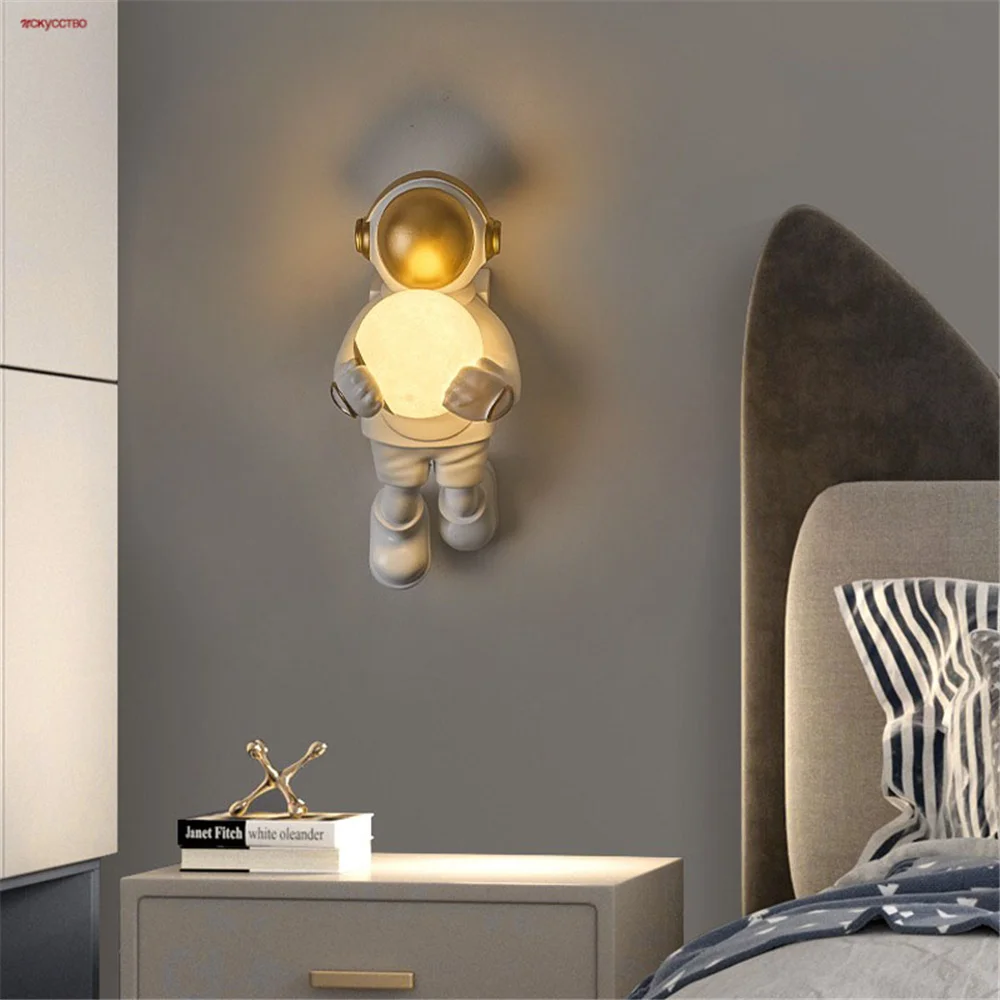 

2025 New Resin Astronaut Pla Moon Led Wall Lamp Children Bedroom Bedside Sleeping Night Light Nursery Aisle Stairs Sconces Art