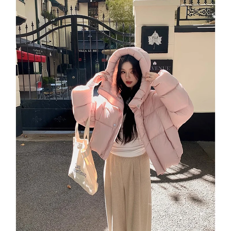 2024 Winter Women Jacket Short Hooded Down Jacket  Coat Korean Fashion Thick Warm Parkas Loose White Duck Pink Outwear