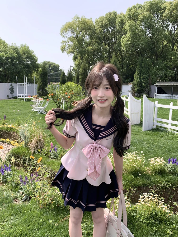 JK Uniform Set Women Sweet Pink Cyanotic Sailor Suit Japanese School Uniform Sailor Skirt Set Bow Neck Short Sleeve Shirt