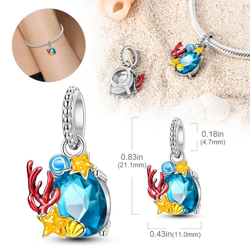 Perles de charme de tortue de mer en argent regardé 925 pour femme, perles de poulpe, pendentif rose et bleu, bijoux de bricolage, bracelet original, 925