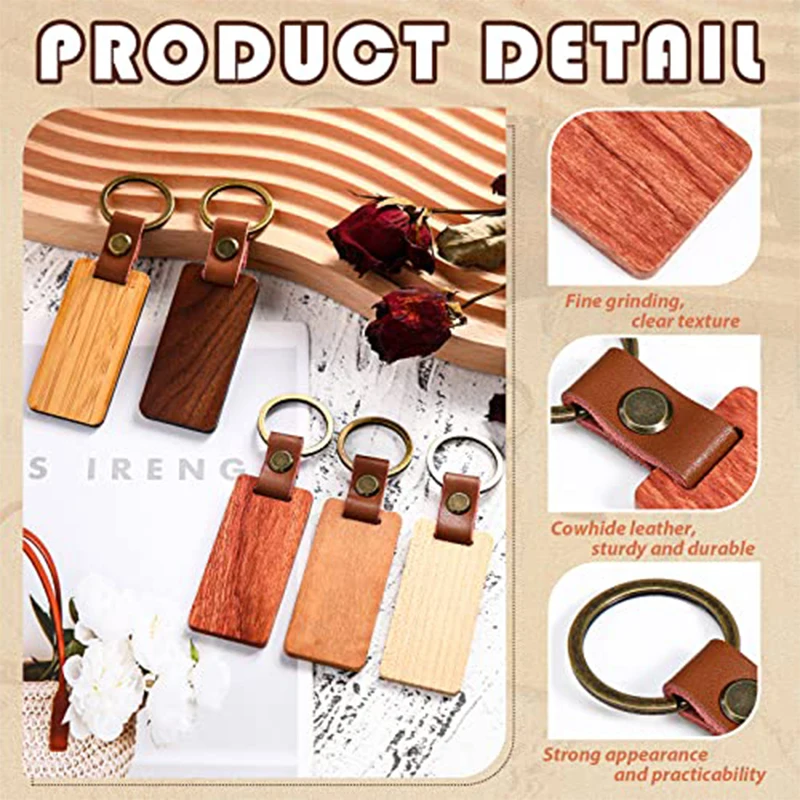 60Pcs Unfinished Wood Key Tags with Leather Strap & Key Rings