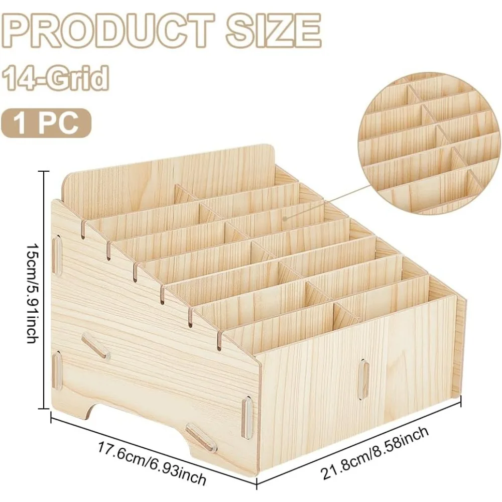 木製携帯電話オーガナイザー、14コンパートメント、デスクトップ、教室、オフィス、デスクトップストレージ、小麦色、8.6x6.9x5.9"