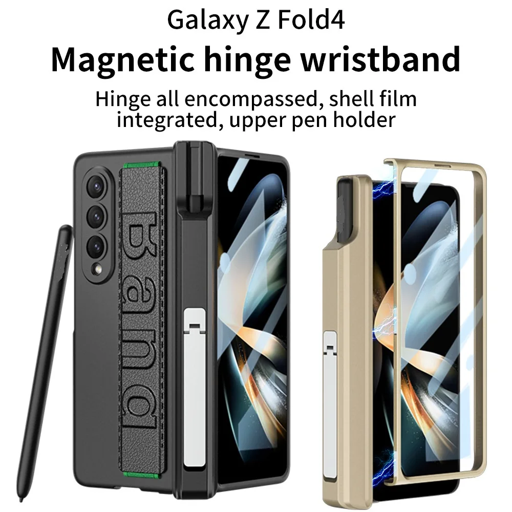 

Wristband Folding Bracket Magnetic Phone Case For Samsung Z Fold 4 360° Full Protection Cell Phone Back Cover With Pen Holder