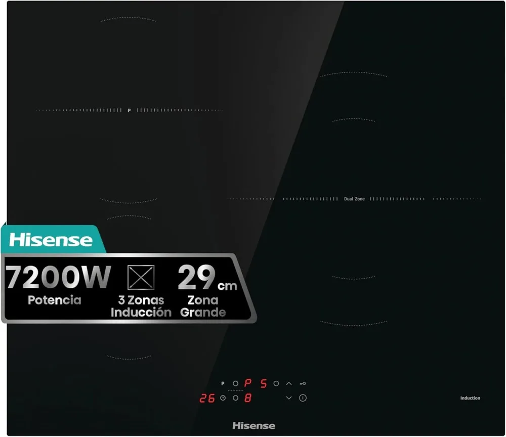 Hisense HI6311BSCE - Placa Induccion, 29 cm, Vitroceramica, 3 Fuegos, 7200W, Calentamiento Rápido Power Boost,