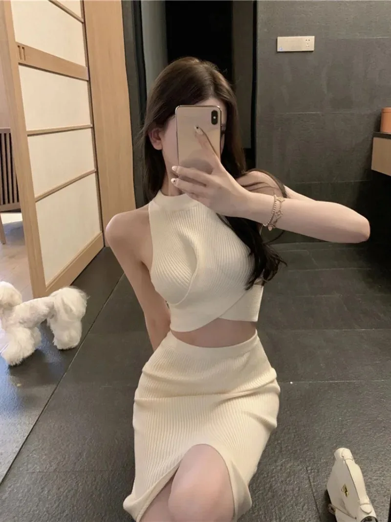 

Spicy Girl Hanging Neck Knit Tank Top Wrap Hip Skirt Women Split Sleeveless O-Neck Cross Korean Fashion Solid Slim Spring Suit