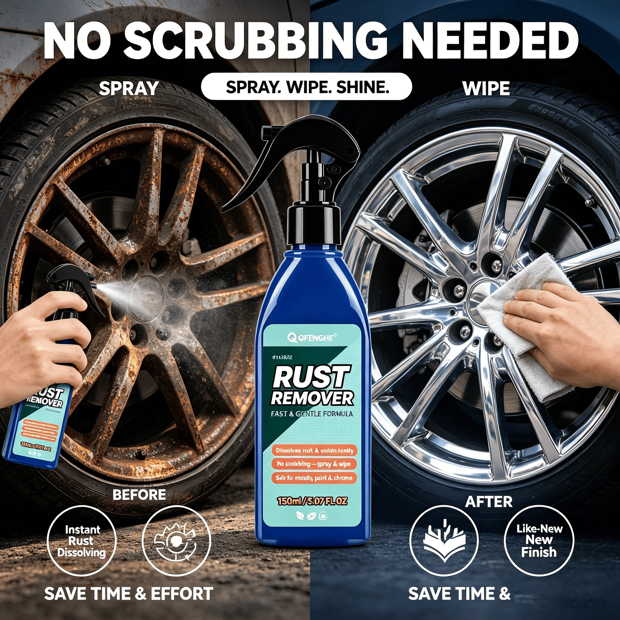 Heavy Duty Rust Cleaner for Vehicles & Household – Dissolves Rust Fast, Safe on Chrome & Bare Metal – 150ml