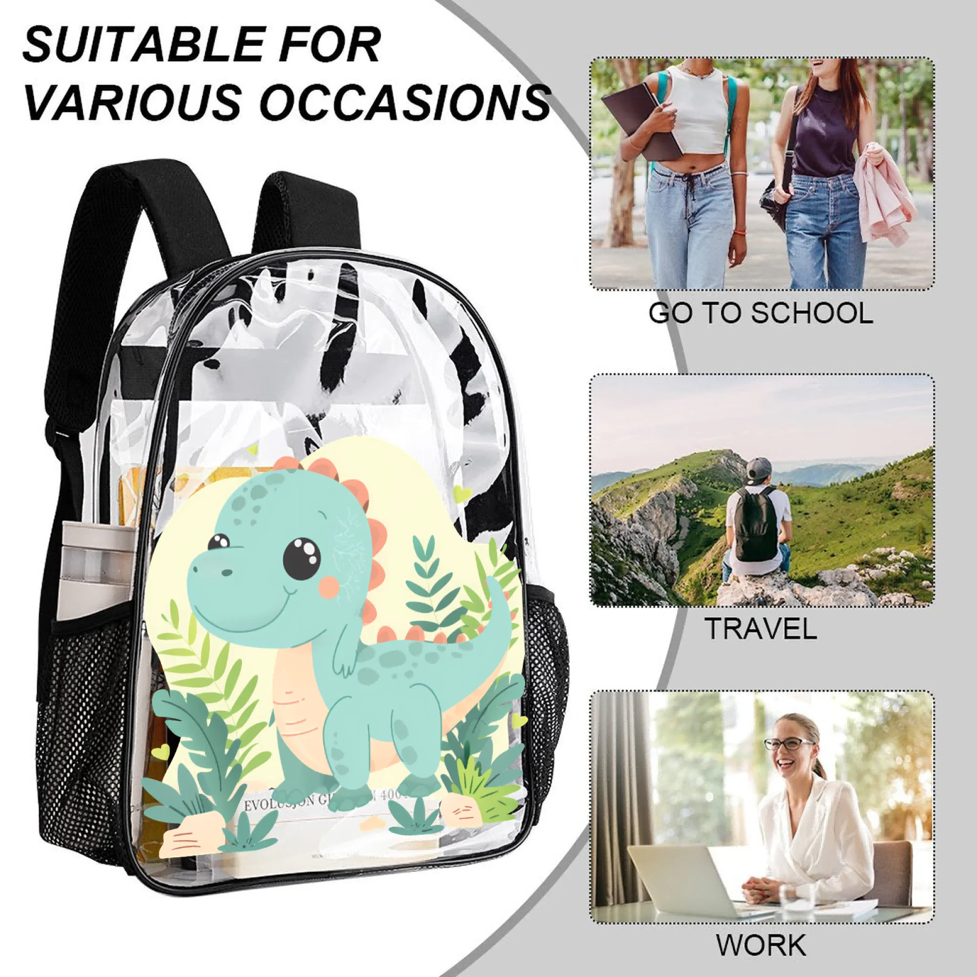 17 Inch PVC See Through Backpack with Blue Dinosaur Plants Print,  Bag Fits 16" Laptop, Side Mesh-Fun Backpack Gift