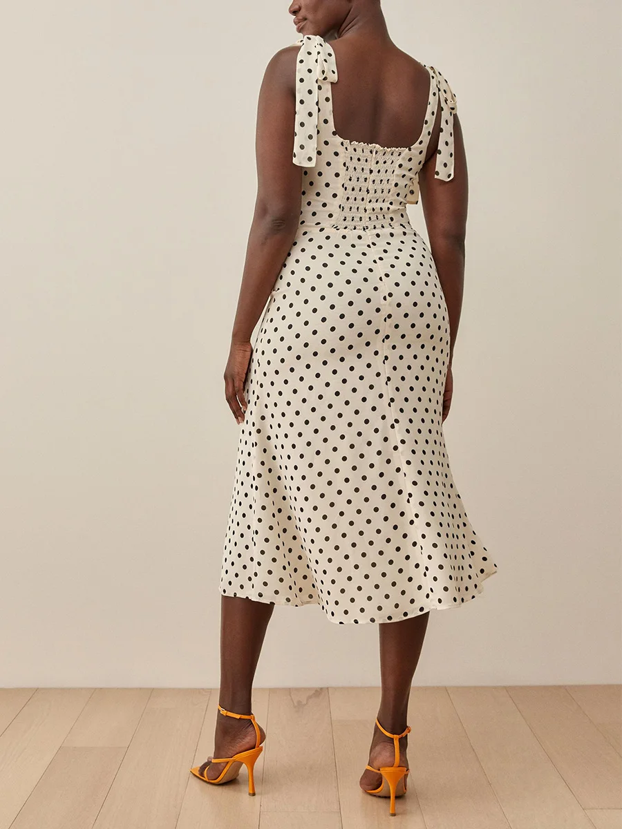 Summer Clothes For Women Dresses 2023 Strap Tie Sleeveless Casual Polka Dot Dress Party Elegant Midi Dress With Slit Sundress