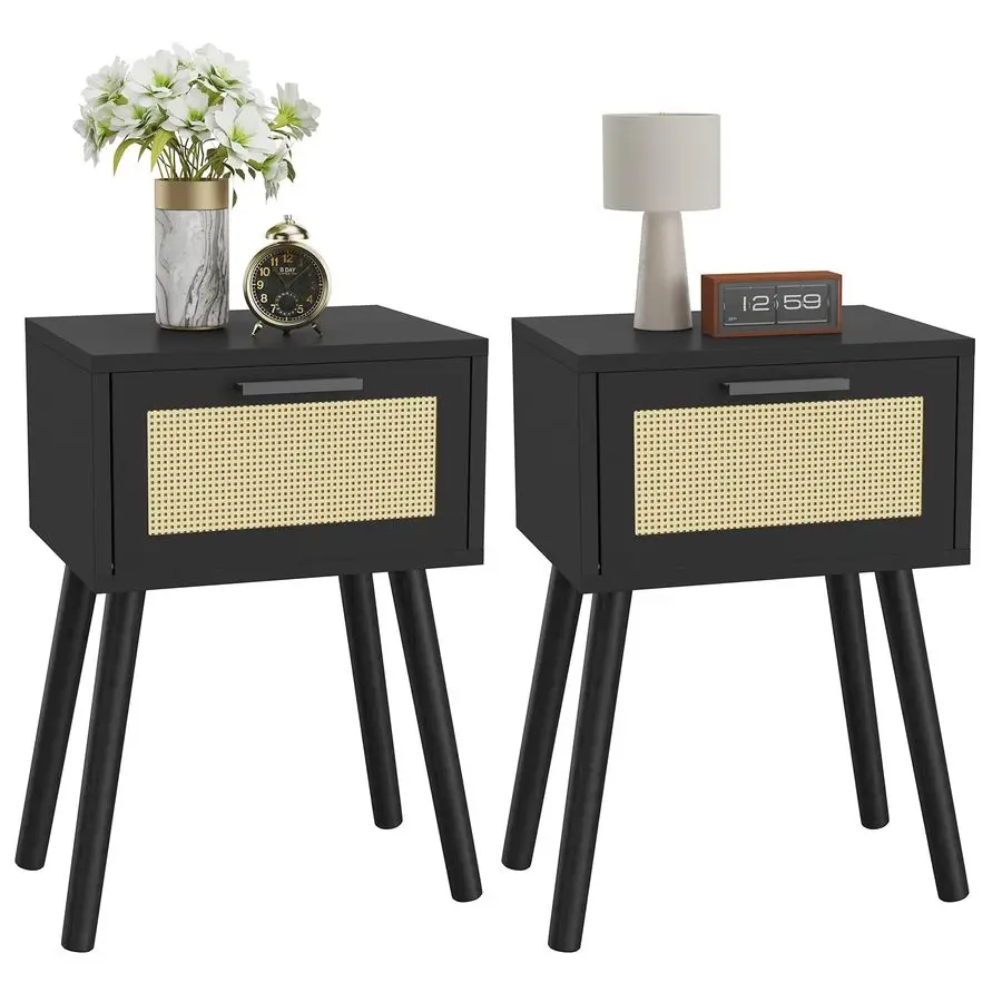 

Nightstand Set of 2, End Table, Small Bedside Table, Handmade Rattan Decorated Drawer, Solid Wood Legs, Modern Side Table for Be