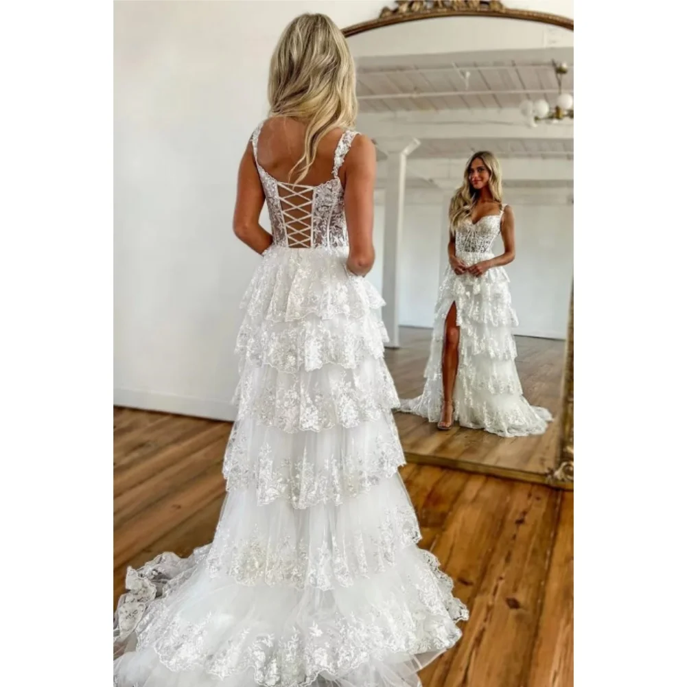 سباركلي المتدرج تول السباغيتي الأشرطة فساتين لحضور الحفلات الموسيقية الدانتيل زين فستان طويل الأميرة مشد رسمي رداء حفلات السهرة مع شق