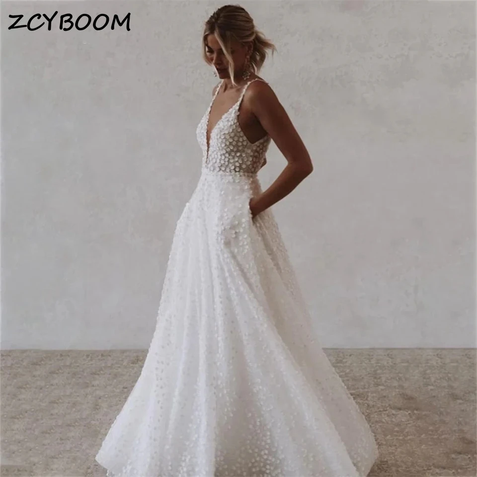 Elegant Deep V-neck Backless Spaghetti Strap Tulle  Wedding Dresses For Women with pockets 2024 Bridal Gown Vestidos De Noiva