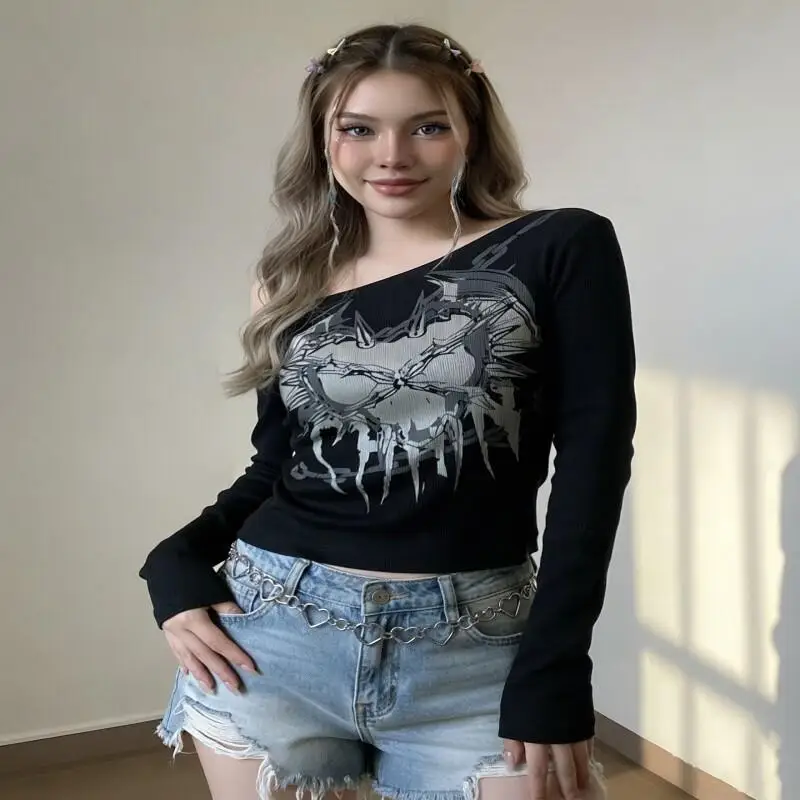 

Асимметричная женская футболка в стиле Y2K с длинным рукавом, из мягкого хлопка, для города, приталенная, с принтом в виде сердца, в стиле Y2K