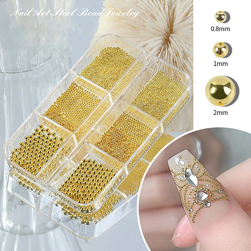 Mini Nail Art Beads, 6 Grids Box, Aço Inoxidável, Ouro e Prata, Ouro Rosa, Metal, Caviar, Decoração 3D, Profissional