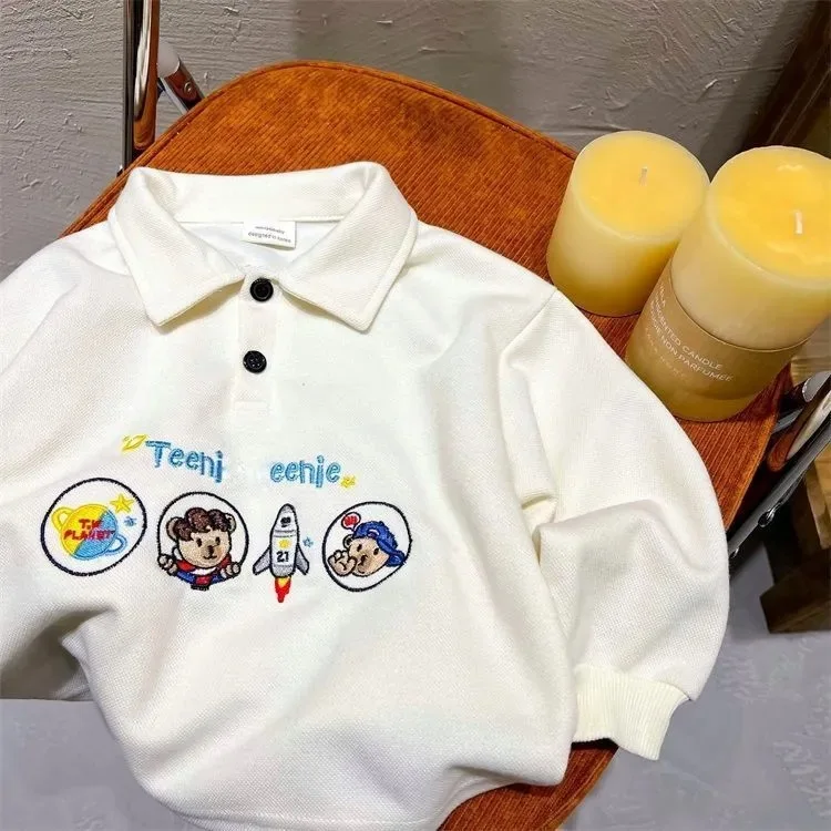 2027 Spring Children Long Sleeve Sweatshirt Cute Bear Embroidery Baby Girls Cotton Tops Boys Casual Polo Shirts Kids Clothes