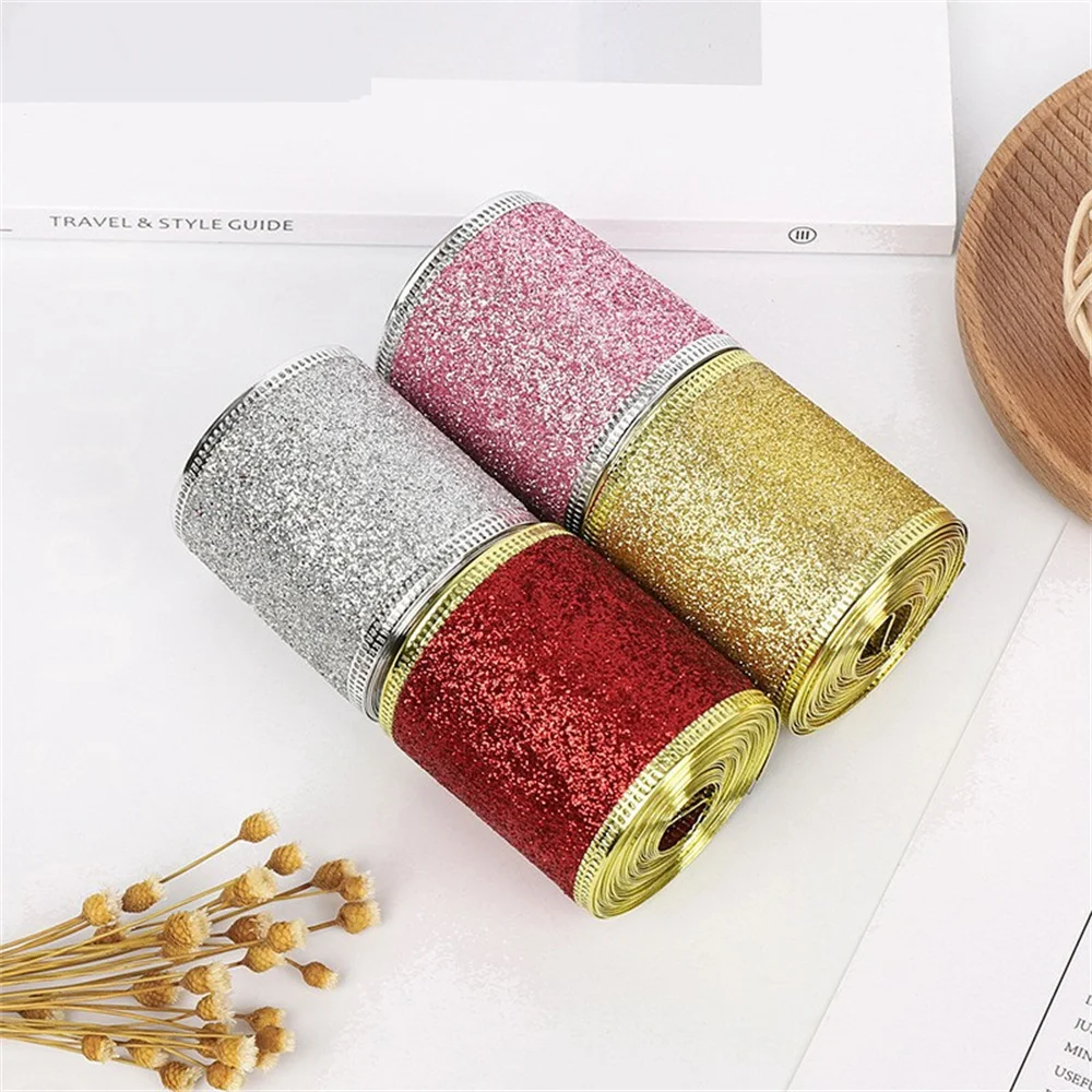 2M Glitter Christmas Ribbons With Iron Wire for Gift Packing Crafts Bows Xmas Tree Hanging Wedding Home Christmas Decoration