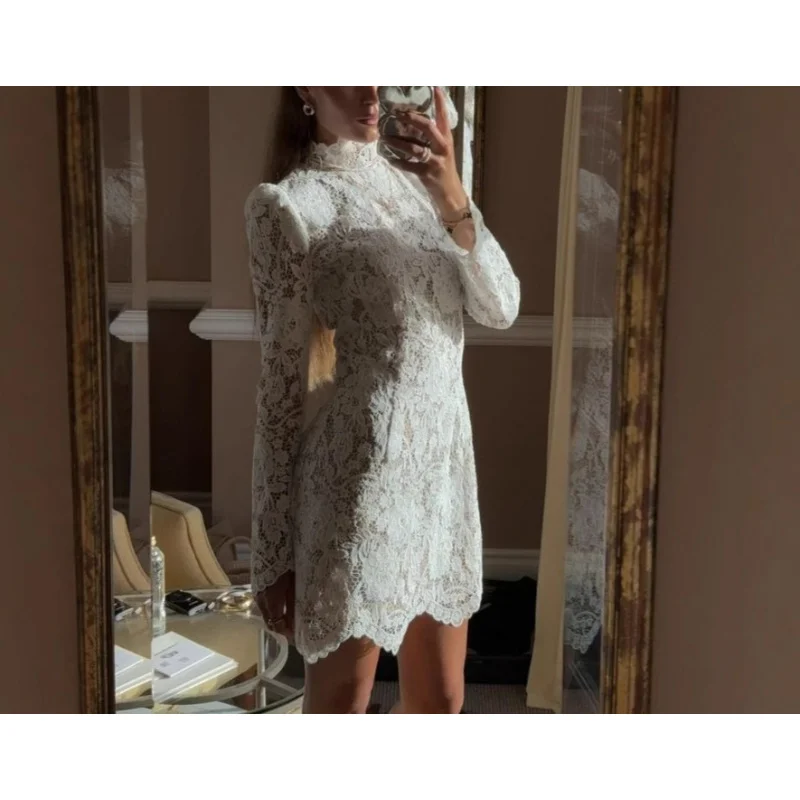 Damenmode-Spitze, kurz, Stehkragen, hohl, langärmelig, europäisches und amerikanisches Kleid, heiße Mädchen