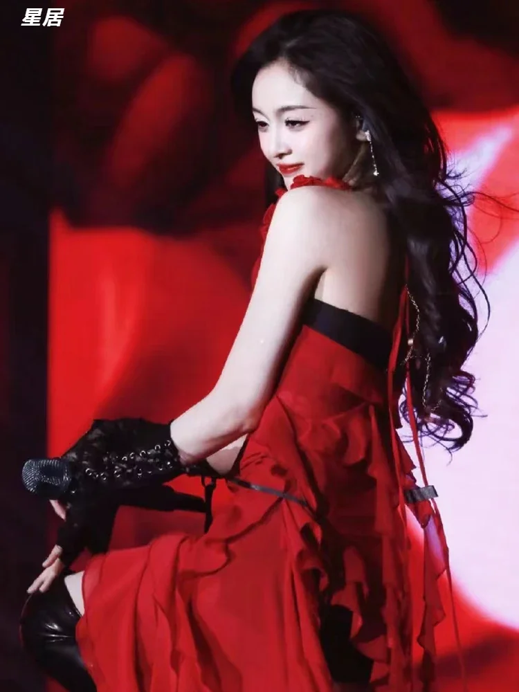 Women Group Kpop Dance Outfit Red Backless Halter Sling Floral Dress Jazz Dance Clothes Stage Singer Costume Hip Hop Dance Suit