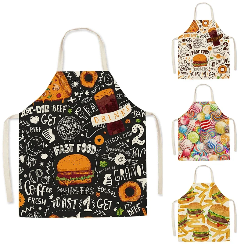 Cute gourmet pattern kitchen apron burger fries pizza pattern sleeveless linen apron cleaning accessories