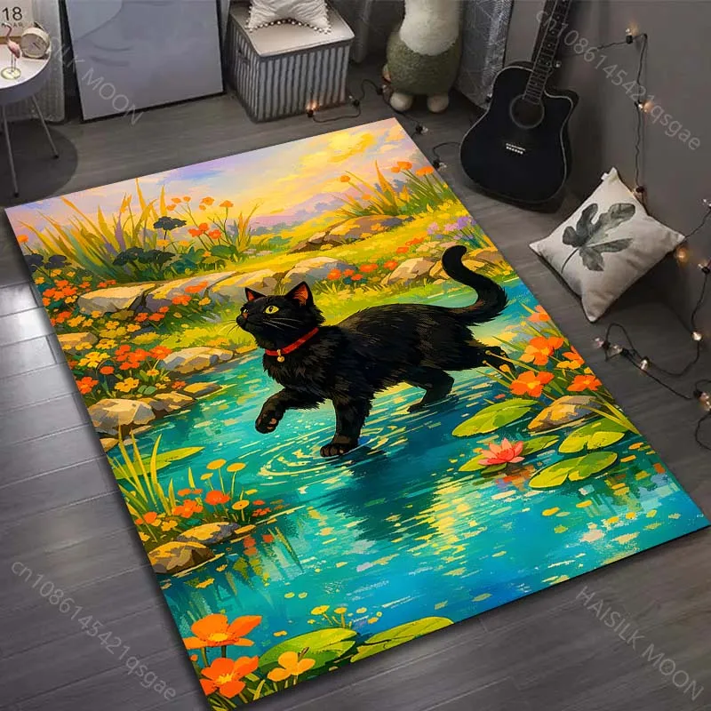 1PC Black cat walking in stream Pattern Rug Carpets for Bedroom Living Room Sofa Mat Creative Door Mat Cloakroom Home Decor