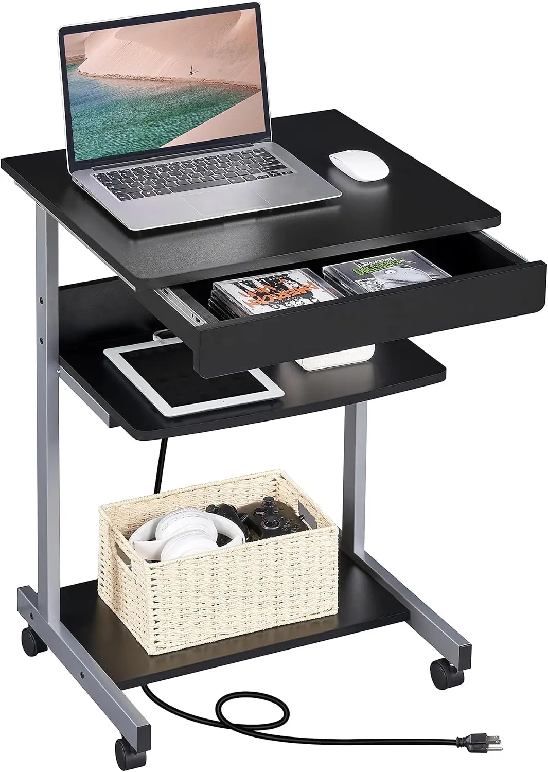 

Compact Laptop Table on Wheels with USB Ports&Power Outlet, Black 22in Desk for Home Office Workstation, Printer Shelf, Charging