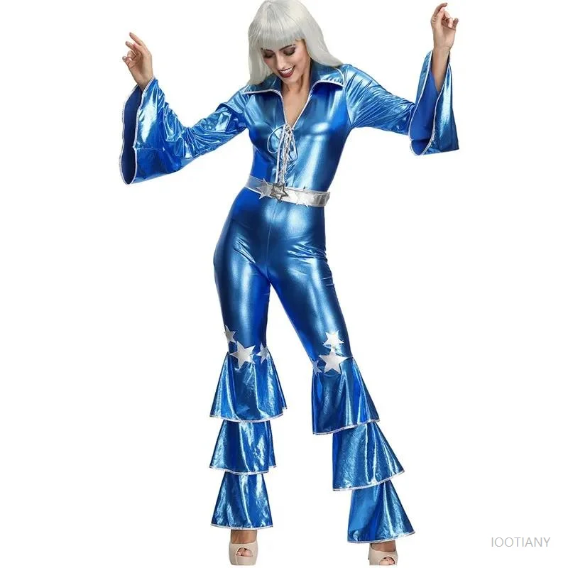 

Halloween Blue Retro 70s Hippie Dance Jumpsuit Nightclub Nostalgic Crazy Swing Singer Disco Stage Role Play Costume Suit