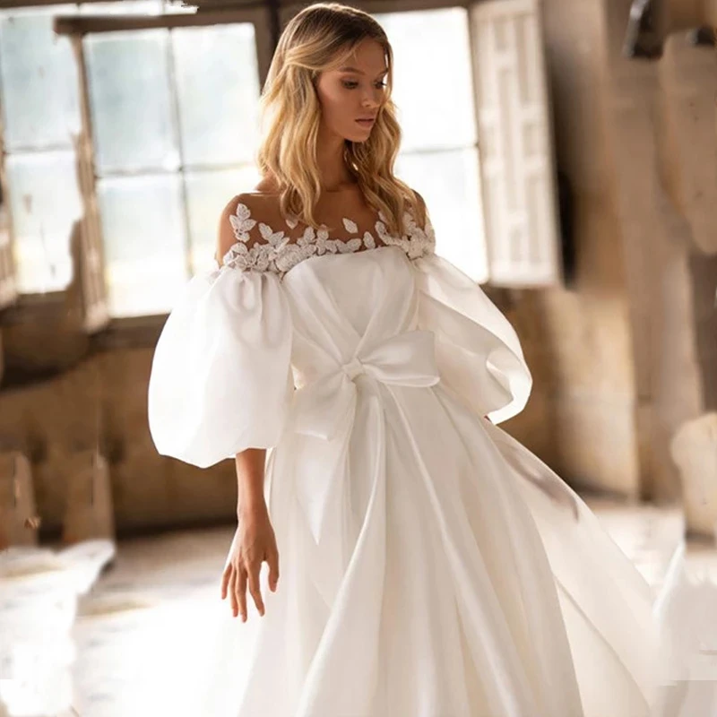 Bohemian Wedding Dresses Women's Sexy Off Shoulder Bubble Sleeve Sexy A-Line Applique Bridal Gowns Bow Belt Robe De 2023 Vestido