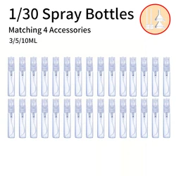 1/30pcs+4 accessories 3ml, 5ml, 10ml refillable glass perfume atomizer with 30 spray bottles, 2 funnels, 2 dispenser divider