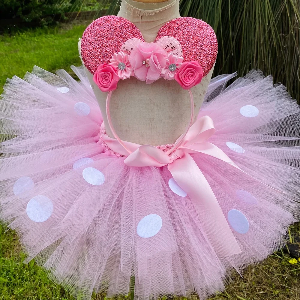 Pink Minnie Tutu Skirts Outfit for Baby Girls 100% Handmade Tulle Underskirt with White Dots Hairbow Kids Birthday Party Costume