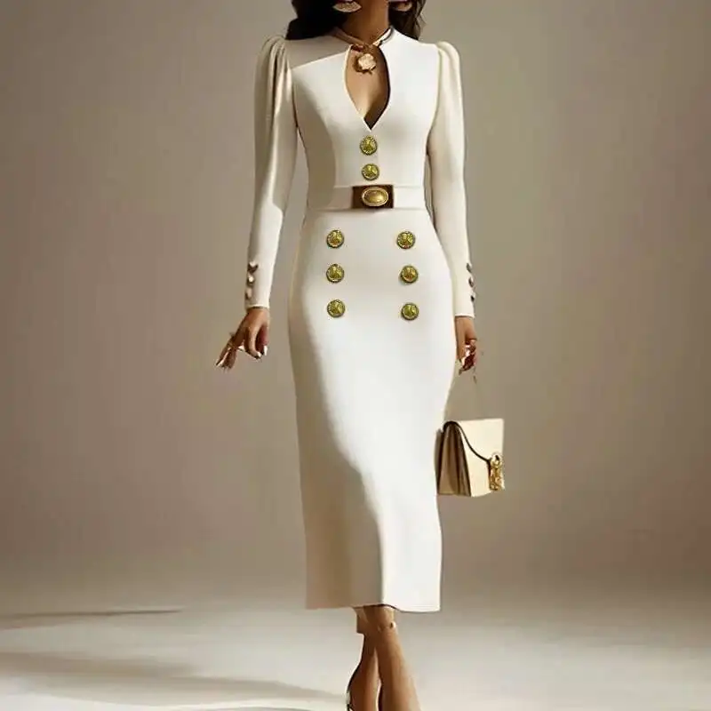 BabYoung 여성 블랙 웨딩 저녁 연회 드레스 의류 정장 겨울 봄 Buttoned 여성 빈티지 긴 소매 드레스