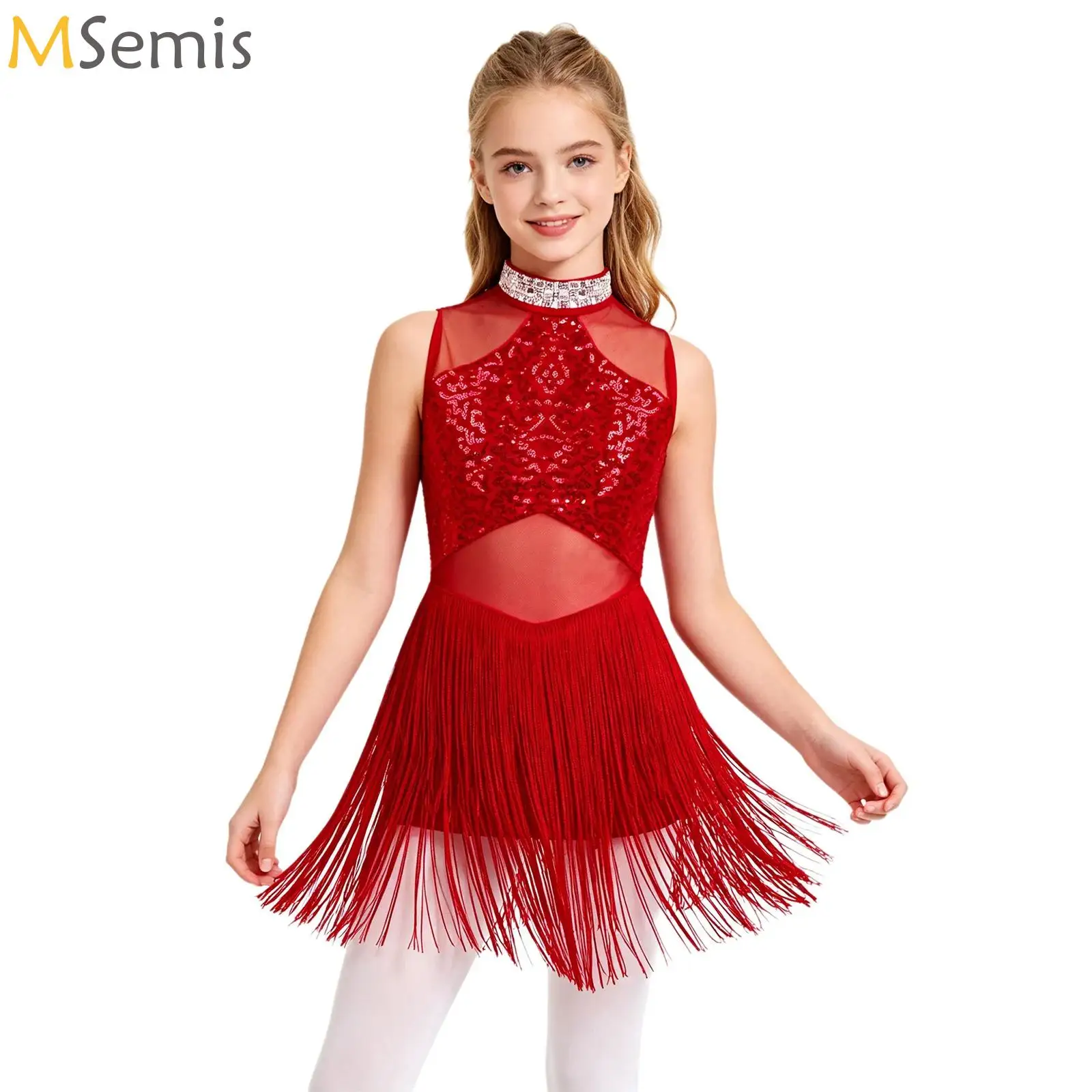 

Kids Girls Sleeveless Sequins Tassel Leotard Ballet Dance Dress Rhythmic Gymnastics Latin Jazz Ballroom Figure Skating Clothes