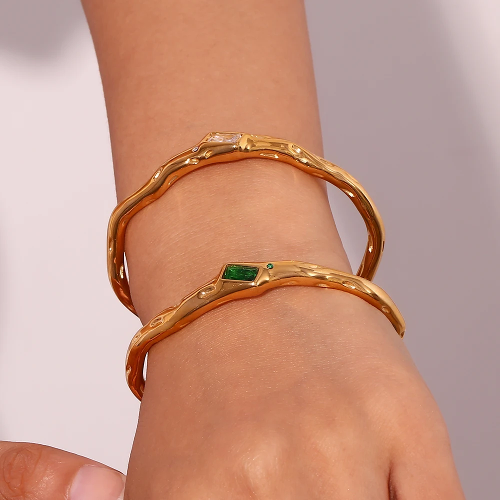 E.B.belle Irregular Opening Rectangular Zircon Bracelet 18K Gold Plated Green Color 316L Stainless Steel Women's Hand Bracelets