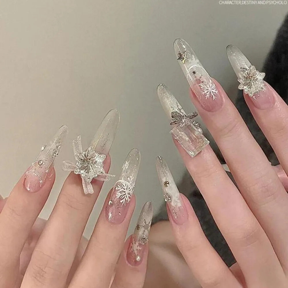 20Pcs/Lot Sparkly Crystal Snowflake Nail Rhinestones 8/12mm Clear Pink Cherry Flower Snowflakes Diamond Gems Jewelry Nail Charms