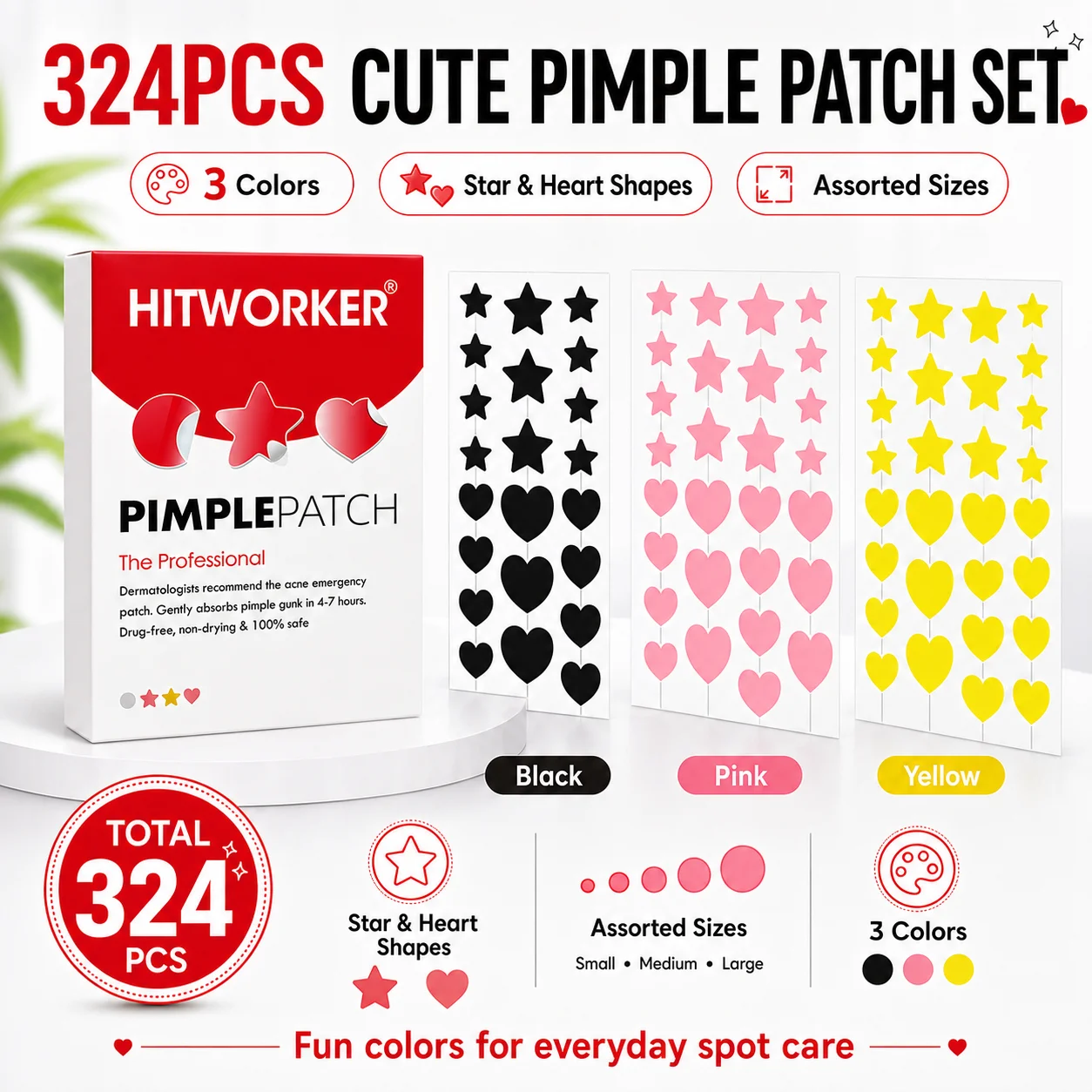 324PCS Heart Star Acne Patches Hydrocolloid Pimple Stickers Black Pink Yellow Blemish Cover Face Spot Care
