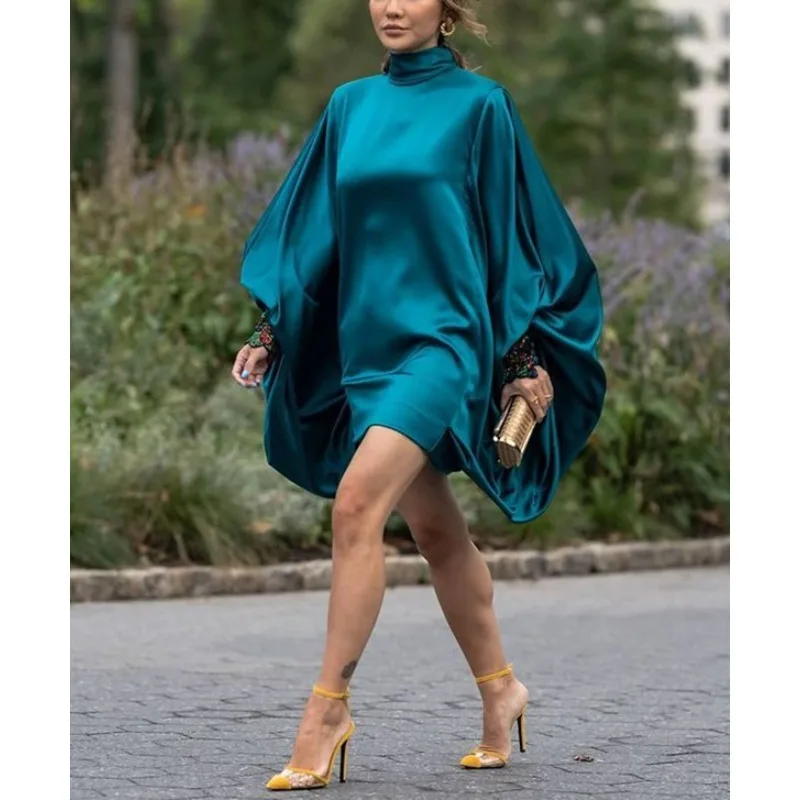 티나 블루 배트윙 슬리브 드레스 여성 2025 루즈핏 터틀넥 주름 파티 이브닝 드레스 플라워 프린트 여성 의류 106607