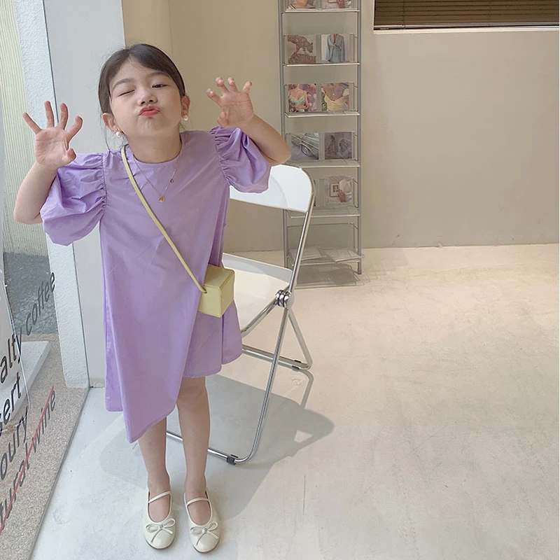 Summer Baby Girls Princess Dress Sweet Solid Color Puff Sleeve Dress  Girls Fashion Kids Outfit 3-7Y Children Dresses For Girls